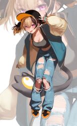 Rule 34 | 1girl, :p, absurdres, alternate costume, baseball cap, black hat, black shirt, blue jacket, blue pants, blush, breasts, brown hair, cleavage, commentary, crop top, denim, fang, gigi murin, hair between eyes, hat, highres, hololive, hololive english, jacket, jeans, leaning forward, letterman jacket, long sleeves, looking at viewer, medium breasts, midriff, multicolored hair, navel, open clothes, open jacket, open mouth, pants, pink eyes, puffy long sleeves, puffy sleeves, sgtdogwater, shirt, shoes, short twintails, sleeves past wrists, sneakers, standing, tail, thigh gap, tongue, tongue out, torn clothes, torn pants, twintails, two-tone hair, virtual youtuber, w, yellow shoes, zoom layer
