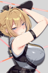 Rule 34 | 1girl, absurdres, arm strap, armpit crease, bare arms, bare shoulders, blonde hair, breasts, commentary, evelyn chevalier, grey background, grey shirt, hair intakes, highres, large breasts, purple eyes, shirt, short hair, sleeveless, sleeveless shirt, solo, sylux, upper body, zenless zone zero