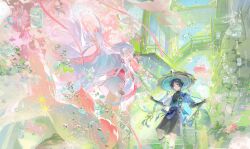 1boy 1girl antenna_hair architecture armor artist_request belt black_belt black_bodysuit black_bow black_bridal_gauntlets black_hair black_shorts blue_cape blue_eyes blue_gemstone blue_hat blue_kimono blue_sky blue_sleeves blunt_ends bodysuit bow bridal_gauntlets cape cherry_blossoms closed_mouth commission commissioner_insert curled_fingers east_asian_architecture feathers gem genshin_impact gold hair_intakes hat hayami_momo_(hayamimomo) highres japanese_armor japanese_clothes jingasa juban kimono koi kote kurokote layered_sleeves leg_warmers long_hair long_sleeves looking_at_another mandarin_collar obi obiage obijime open_clothes open_hand open_hands open_kimono open_mouth original outdoors outstretched_arms parted_bangs pink_eyes pom_pom_(clothes) purple_rope purple_sash railing rope sash scaramouche_(genshin_impact) short_sleeves shorts sidelocks sky smile spread_arms stairs tassel tasuki tsurime very_long_hair vision_(genshin_impact) wanderer_(genshin_impact) watermark watermark_grid white_hair white_kimono white_leg_warmers white_sleeves white_trim wide_sleeves window yellow_feathers