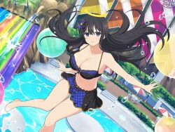 1girl bikini bikini_skirt black_bikini black_hair blue_bikini blue_eyes bow breasts chair chest_bow cleavage closed_mouth elephant_statue floating floating_object from_above hair_bow halo hedge indoors large_breasts long_hair midair multicolored_bikini navel non-web_source plaid_bikini plaid_clothes platform pool ryouki_(senran_kagura) senran_kagura senran_kagura_new_link smile solo swimsuit table two-tone_bikini umbrella water water_drop water_slide waterpark yellow_halo