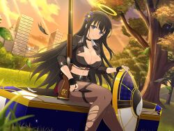 1girl belt black_belt black_bow black_choker black_gloves black_hair blue_bow blue_eyes blue_sky blush bow breasts building choker city cityscape cleavage cloud coffin collarbone dusk evening fingerless_gloves floating floating_object gloves gold_trim gradient_sky grass gun hair_ornament half_gloves halo holding holding_gun holding_weapon kunai large_breasts leaf linea_alba long_hair looking_at_viewer midriff navel o-ring o-ring_thigh_strap official_alternate_costume official_art orange_sky outdoors pantyhose plant ribbon rifle ryouki_(senran_kagura) senran_kagura senran_kagura_estival_versus senran_kagura_new_link shield shiny_skin shirt sitting sky skyscraper smile solo studded_belt sunlight sunset thigh_strap torn_clothes torn_pantyhose torn_shirt tree twilight two-tone_bow weapon yaegashi_nan yellow_halo yin_yang