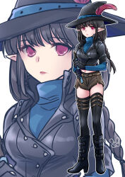 1girl black_hair black_hat boots elf flute hat instrument long_sleeves mabinogi pointy_ears red_eyes shorts tepaoh888 yvona_(mabinogi)
