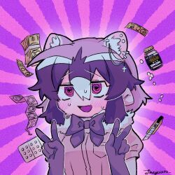 1girl :d @_@ animal_ear_fluff animal_ear_piercing animal_ears bad_id banknote boxcutter common_raccoon_(kemono_friends) condom condom_wrapper double_v earrings extra_ears fang fur_collar gloves hair_between_eyes hands_up heart heart-shaped_pupils jewelry jmeysan kemono_friends looking_at_viewer money multicolored_hair open_mouth pill_bottle purple_background raccoon_ears short_hair short_sleeves skin_fang smile solo sunburst sunburst_background symbol-shaped_pupils upper_body v