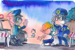 4boys adjusting_clothes adjusting_headwear akahanadragon black_hair blonde_hair car chibi flashlight frown full_body gloves gun hand_on_own_hip hand_up handgun hat holster looking_at_another mother_(series) mother_2 motor_vehicle multiple_boys ness_(mother_2) night night_sky nintendo outdoors painting_(medium) pajamas police police_car police_uniform porky_minch revolver road_sign sign sky standing star_(sky) sunglasses suspenders traditional_media watercolor_(medium) weapon