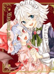 2girls alternate_hairstyle bat_wings blue_hair blush commentary_request izayoi_sakuya maru_usagi multiple_girls pointy_ears red_eyes remilia_scarlet short_sleeves simple_background smile solo touhou white_background wings