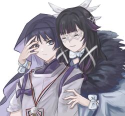 1boy 1girl arms_at_sides black_hair blunt_ends bow bowtie bright_pupils closed_eyes closed_mouth clothing_cutout coat columbina_(genshin_impact) delisha_lia eyelashes eyeliner eyeshadow facing_another feathers fingernails fur_collar genshin_impact grey_eyes grey_veil hair_ribbon hand_on_another&#039;s_arm hand_on_another&#039;s_face head_wings highres japanese_clothes kariginu kimono large_bow layered_sleeves long_hair makeup multicolored_hair multiple_wings parted_lips pom_pom_(clothes) purple_kimono purple_sleeves purple_veil red_eyeliner red_eyeshadow ribbon scaramouche_(genshin_impact) scaramouche_(kabukimono)_(genshin_impact) see-through_clothes see-through_veil shoulder_cutout sidelocks signature sleeves_rolled_up smile streaked_hair string tasuki tress_ribbon veil white_background white_bow white_bowtie white_coat white_mask white_mouth white_pupils white_ribbon white_sleeves white_wings wings wrist_bow x-shaped_eyewear yellow_feathers