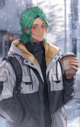 1boy :d arm_up backpack bag blurry blurry_background blush coat cove_holden cup curtained_hair disposable_coffee_cup disposable_cup eiden_kato green_eyes green_hair grin hair_bun hand_in_pocket haze highres holding holding_cup looking_at_viewer male_focus open_mouth our_life:_beginnings_and_always sidelocks smile snowing solo sweater turtleneck turtleneck_sweater unzipped upper_body winter winter_clothes winter_coat