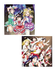 6+girls ahoge aqua_eyes arm_up arms_up artbook black_hair blonde_hair blue_eyes blue_hair blunt_bangs bow bowtie braid brown_hair crown_braid earrings floating_hair gloves green_bow grey_hair hair_bow hair_ornament hair_ribbon hairband hairclip hat heart highres jacket jewelry kunikida_hanamaru kurosawa_dia kurosawa_ruby layered_skirt leg_up long_hair looking_at_viewer love_live! love_live!_sunshine!! matsuura_kanan mini_hat miniskirt mirai_ticket mole mole_under_mouth multiple_girls necktie non-web_source official_alternate_costume official_art ohara_mari one_eye_closed open_mouth orange_hair pink_skirt ponytail purple_eyes purple_hair red_bow red_bowtie red_eyes red_hair red_skirt ribbon sakurauchi_riko scrunchie shirt short_hair short_sleeves skirt smile stage takami_chika thigh_strap thighhighs tsushima_yoshiko watanabe_you white_gloves white_jacket white_shirt yellow_eyes