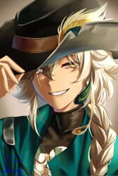 Rule 34 | 1girl, adjusting clothes, adjusting headwear, argus (reverse:1999), black hat, blonde hair, brown background, cape, cowboy hat, green cape, grey eyes, grin, hand on headwear, hand up, hat, hat feather, heterochromia, highres, long braid, looking at viewer, portrait, reverse:1999, scar, scar across eye, scar on face, smile, solo, teeth, yellow eyes, yuki astraea