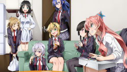 10s 6+girls :d akatsuki_kirika alternate_universe apron bad_id bad_pixiv_id bag black_hair blonde_hair blue_eyes blue_hair boco boko_(maniacpurple) breasts brown_hair clenched_teeth controller couch cup drinking_glass drinking_straw game_controller gamepad green_eyes hair_between_eyes hair_ornament highres joystick kappougi kazanari_tsubasa kneehighs kohinata_miku komakedara large_breasts legs_together light_brown_hair long_hair maria_cadenzavna_eve multiple_girls necktie open_mouth pantyhose pink_hair playing_games purple_eyes purple_hair red_eyes school_uniform senki_zesshou_symphogear shopping_bag sleeves_rolled_up slice_of_life smile socks tachibana_hibiki_(symphogear) teeth tsukuyomi_shirabe yukine_chris