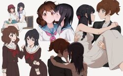 2girls arms_around_neck bare_arms bench black_hair black_jacket blue_sailor_collar blue_shorts blush bottle brown_eyes brown_hair brown_shirt brown_skirt carrying closed_eyes closed_mouth commentary dress film_grain from_behind hair_ribbon half_updo hand_on_another&#039;s_face hand_on_another&#039;s_shoulder hashtag-only_commentary heart hibike!_euphonium highres holding holding_bottle jacket kiss kissing_cheek kousaka_reina lie_lack1080 long_hair long_sleeves looking_at_another multiple_girls neckerchief open_mouth oumae_kumiko park_bench pink_neckerchief pleated_skirt ponytail princess_carry purple_eyes purple_hair red_hair red_neckerchief red_ribbon ribbon sailor_collar school_uniform serafuku shirt shorts simple_background sitting skirt sleeveless sleeveless_dress smile strapless strapless_dress sweatdrop white_background white_dress white_sailor_collar white_shirt yuri