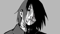 1boy absurdres baishangwuding blood blood_on_face chinese_commentary commentary_request empty_eyes greyscale hair_behind_ear hair_over_one_eye head_tilt highres injury male_focus monochrome naruto naruto_(series) nosebleed one_eye_covered parted_lips solo teeth uchiha_sasuke upper_body
