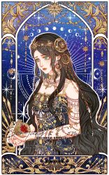 1girl absurdres aqua_eyes bare_shoulders bead_choker bead_necklace beads black_hair blue_background blue_dress breasts card_(medium) character_request chinese_commentary circlet cleavage closed_mouth commentary_request commission cowboy_shot crescent crying crying_with_eyes_open dress earrings eyelashes food fruit gem gold_circlet gold_earrings gold_necklace green_gemstone highres holding holding_food holding_fruit hoop_earrings jewelry light_frown lipstick long_dress long_hair long_sidelocks makeup moon_phases necklace nikki_(series) official_alternate_color picture_frame pomegranate red_lips sad sample_watermark shining_nikki sidelocks sleeveless sleeveless_dress solo star_(symbol) streaming_tears tears thick_eyebrows very_long_hair watermark wavy_hair yesenia_(shining_nikki) yeziyu564