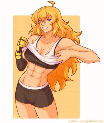 Rule 34 | 1girl, abs, ahoge, black bra, black shorts, blonde hair, border, bra, breasts, cleavage, highres, large breasts, long hair, looking at viewer, mechanical arms, midriff, navel, patreon username, prosthesis, prosthetic arm, purple eyes, rwby, shorts, single mechanical arm, smile, solo, underwear, white border, yang xiao long, yellow nicky