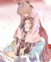 1boy 1girl black_hair blonde_hair cherry_blossoms fate/grand_order fate_(series) highres japanese_clothes kalak_39 long_sleeves looking_at_another medium_hair okita_souji_(fate) okita_souji_(koha-ace) saitou_hajime_(fate) sitting