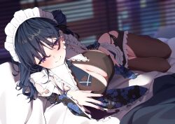 1girl absurdres apron black_dress black_hair blush breasts cleavage closed_mouth clothing_cutout commission condom condom_between_breast dress floral_print highres indie_virtual_youtuber large_breasts long_hair looking_at_viewer lying maid maid_headdress mole mole_under_mouth nen_0405 purple_eyes purple_nails second-party_source skeb_commission smile solo thigh_cutout thighhighs tokiai_misao twitter_username virtual_youtuber white_apron