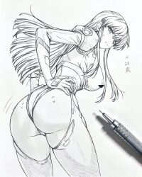 1girl art_tools_in_frame ass blunt_ends breasts censored censored_nipples character_request closed_mouth commentary_request copyright_request eyelashes graphite_(medium) greyscale hand_on_own_hip leaning_forward looking_at_viewer looking_back mecha_pilot_suit monochrome mosaic_censoring seishun_dendeke solo sweat torn_clothes traditional_media
