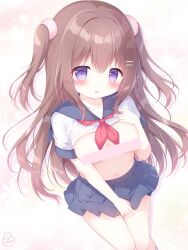 1girl :o absurdres black_skirt blue_skirt blush bow breasts brown_hair clothes_lift collarbone hair_between_eyes hair_ornament hairclip highres large_breasts long_hair looking_at_viewer medium_breasts midriff navel neckerchief open_mouth original parted_lips pleated_skirt purple_eyes red_neckerchief ribbon sailor_collar school_uniform serafuku shirt short_sleeves sitting skirt solo stomach thighs two_side_up usami_cocoa very_long_hair white_shirt