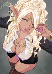 1girl 2015 artist_name black_jacket blonde_hair boots bracelet breasts brown_boots brown_thighhighs bursting_breasts business_suit chain chain_earrings cleavage close-up collared_shirt covered_erect_nipples dark-skinned_female dark_elf dark_skin dutch_angle ear_piercing earrings elf eyebrows eyelashes eyeliner eyeshadow female_focus fingernails formal_clothes from_above gold gold_bracelet gold_chain gold_earrings gold_necklace gold_tiara grey_background headwear_request high_boots high_heel_boots high_heels highres huge_breasts huge_nipples impossible_clothes jacket jewelry lace lace-trimmed_panties lace_trim lips long_fingernails looking_above looking_at_viewer looking_up lots_of_jewelry makeup mascara nail_polish naughty_face necklace no_bra no_pants one_eye_closed open_clothes open_shirt original panties parted_lips piercing pink_nails pink_panties pinstripe_jacket pinstripe_pattern pinstripe_suit pointy_ears puckered_lips puffy_lips puffy_nipples red_eyeshadow revealing_clothes seductive_smile sharp_fingernails shiny_skin shirt signature smile solo sparkle standing striped_clothes striped_jacket suit tan tatsunami_youtoku thighhighs thighs tiara unbuttoned unbuttoned_shirt underwear white_stripes wink yellow_eyes