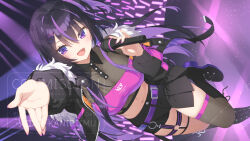 1girl :d arm_up belt belt_buckle black_boots black_hair black_jacket black_shorts black_skirt boots breasts buckle cleavage commentary_request commission crop_top cropped_jacket english_text fur-trimmed_jacket fur_trim grey_thighhighs hair_ornament hairclip highres holding holding_microphone indie_virtual_youtuber jacket kani_biimu large_breasts long_hair long_sleeves looking_at_viewer microphone midriff multicolored_hair navel open_clothes open_jacket open_mouth pleated_skirt puffy_long_sleeves puffy_sleeves purple_belt purple_eyes purple_hair see-through_cleavage see-through_clothes short_shorts shorts skeb_commission skirt smile solo streaked_hair thighhighs thighhighs_under_boots two-tone_hair uzume_(vtuber) very_long_hair virtual_youtuber watermark x_hair_ornament