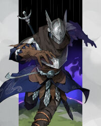 1boy armor black_cape black_pants blue_fire blue_tunic brown_gloves cape dynamic_pose elden_ring elden_ring_nightreign fire gloves helmet highres jiro_(ninetysix) male_focus outdoors pants pauldrons rain revision shoulder_armor solo sword tunic weapon weapon_on_back white_background winged_helmet wylder_(elden_ring)