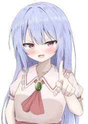 1girl :d absurdres alternate_hair_length alternate_hairstyle arm_at_side ascot blush commentary frilled_shirt_collar frilled_sleeves frills hair_between_eyes hair_intakes hand_up highres index_finger_raised long_hair looking_at_viewer no_headwear open_mouth pink_shirt pointing pointing_at_viewer puffy_short_sleeves puffy_sleeves red_ascot red_eyes remilia_scarlet shirt short_sleeves sidelocks simple_background smile smug solo straight_hair szl touhou tsurime upper_body v-shaped_eyebrows variant_set very_long_hair white_background yellow_gemstone