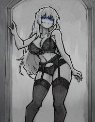 1girl angelica_(project_moon) atris2nd bare_shoulders blue_eyes bra breasts cleavage garter_straps greyscale highres large_breasts library_of_ruina lingerie long_hair monochrome panties parted_lips project_moon smile solo thighhighs underwear