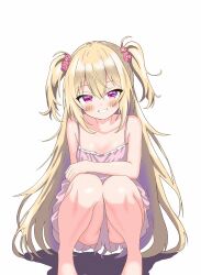 Rule 34 | 1girl, bare arms, bare shoulders, barefoot, blonde hair, blush, breasts, collarbone, dress, flower, frilled dress, frills, grin, hair between eyes, hair flower, hair ornament, highres, inusoku, knees together feet apart, long hair, looking at viewer, multicolored hair, original, pink dress, pink flower, purple hair, red eyes, short dress, simple background, sleeveless, sleeveless dress, small breasts, smile, solo, spaghetti strap, squatting, sundress, two side up, very long hair, white background