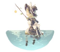 Rule 34 | 1girl, back bow, black hat, black shoes, black skirt, black vest, blonde hair, bloomers, bow, braid, commentary, fishing rod, floating island, flower, from behind, grass, green bow, hair bow, hat, hat bow, heasil, holding, holding fishing rod, in water, kirisame marisa, leaf, open mouth, reflection, reflective water, shirt, shoes, short sleeves, single braid, skirt, smile, solo, star (symbol), stick, symbol-only commentary, touhou, underwear, vest, water, waves, white bloomers, white bow, white flower, white shirt, witch hat