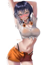 1girl absurdres arm_up belle_(zenless_zone_zero) bikini_under_shorts black_hair blush breasts cleavage commentary contrapposto cowboy_shot crossed_bangs green_eyes hair_between_eyes helldeer highres large_breasts looking_at_viewer navel orange_shorts parted_lips see-through_clothes see-through_shirt shirt shorts simple_background solo stomach twitter_username white_background white_shirt zenless_zone_zero