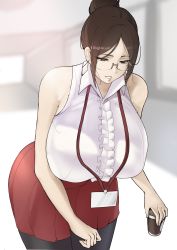 Rule 34 | 1girl, absurdres, bare shoulders, black pantyhose, blurry, blurry background, breasts, brown eyes, brown hair, center frills, collared shirt, cup, disposable cup, frills, glasses, hair bun, highres, huge breasts, id card, lanyard, looking down, mature female, miniskirt, namhorm (puzenketsu), original, pantyhose, parted bangs, parted lips, puzenketsu, red skirt, shirt, single hair bun, skirt, sleeveless, sleeveless shirt, teacher, white shirt