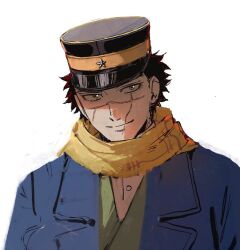1boy banana0re3 black_hair blue_jacket closed_mouth commentary_request golden_kamuy hat jacket looking_to_the_side male_focus military_hat scar scar_on_face scarf shirt short_hair simple_background smile solo spiked_hair sugimoto_saichi upper_body white_background white_shirt
