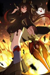 Rule 34 | 1girl, :p, absurdres, black shorts, boo tao (genshin impact), brown hair, chinese clothes, coattails, collared coat, explosion, explosion background, flower, flower-shaped pupils, from below, genshin impact, ghost, hat, hat flower, hat tassel, highres, hu tao (genshin impact), long hair, looking at viewer, magnet 8 8, red eyes, shorts, socks, solo, staff of homa (genshin impact), symbol-shaped pupils, tailcoat, tongue, tongue out, twintails, white socks