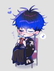 1boy ahoge black_hair blue_hair bridge_piercing closed_eyes collar earrings eyepatch face_piercing full_body hair_between_eyes heart japanese_clothes japanese_text jewelry lip_piercing male_focus messy_hair multicolored_hair omokage_yugamu one_eye_covered piercing sitting solo solo_focus the_hundred_line_-last_defense_academy- translation_request