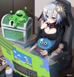 1girl absurdres animal_ears aogiri_koukou black_shirt blue_eyes breasts bubble_slime chair cleavage commission datemegane dragon_quest gaming_chair highres indoors large_breasts lop_rabbit_ears playing_games rabbit_ears shirt short_hair sitting skeb_commission slime_(dragon_quest) swivel_chair treasure_chest virtual_youtuber white_hair yamaguro_nekuro