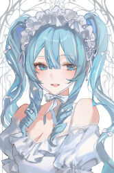 1girl arahashi_tabi bare_shoulders blue_eyes blue_hair breasts chaerom cleavage dress drill_hair hair_between_eyes highres long_hair looking_at_viewer parted_lips solo stellive teeth twin_drills two_side_up upper_teeth_only virtual_youtuber white_dress white_headdress