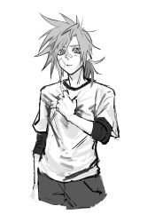 1boy bandaid bandaid_on_cheek bandaid_on_face bandaid_on_nose black_shirt child cho5782 closed_mouth cloud_strife cropped_legs final_fantasy final_fantasy_vii final_fantasy_vii_remake greyscale hair_between_eyes hand_on_own_chest highres light_blush low_ponytail male_focus monochrome official_alternate_costume ponytail shirt shirt_under_shirt sketch solo spiked_hair t-shirt white_shirt