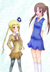2girls arms_behind_back blonde_hair blush brown_eyes brown_hair envy hagimura_suzu hands_on_own_hips height_difference multiple_girls open_mouth pantyhose school_uniform seitokai_yakuindomo smile tsuda_kotomi twintails yellow_eyes