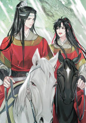 Rule 34 | 2boys, :d, ahoge, alternate costume, animal, black hair, black horse, chinese clothes, closed mouth, day, gearous, hair ribbon, hanfu, headband, high ponytail, highres, holding, holding reins, horse, horseback riding, implied yaoi, lan wangji, light particles, light rays, long hair, long sleeves, looking at another, male focus, modao zushi, multiple boys, official art, open mouth, outdoors, ponytail, red eyes, red hanfu, red ribbon, reins, ribbon, riding, robe, sidelocks, smile, sunlight, third-party source, tree, upper body, wei wuxian, white headband, white horse, xiao guan (headdress), yellow eyes, yuanlingpao