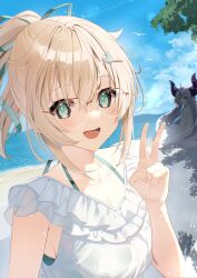 2girls :d absurdres alternate_costume aqua_eyes beach bespectacled bikini bikini_under_clothes blonde_hair blue_sky blush borumete breasts brown-framed_eyewear cleavage commentary_request demon_horns dress glasses green_bikini green_ribbon grey_hair hair_ribbon hand_up highres hololive horns kazama_iroha la+_darknesss looking_at_viewer medium_breasts medium_hair multiple_girls ocean open_mouth outdoors over-rim_eyewear ponytail ribbon semi-rimless_eyewear sky smile swimsuit teeth v virtual_youtuber white_dress yellow_eyes