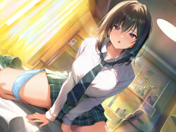 1girl :o arms_between_legs bed bed_sheet bedroom black_hair blue_panties blush breasts ceiling chair commentary_request curtains desk diagonal-striped_clothes diagonal-striped_necktie green_necktie green_skirt hair_between_eyes highres indoors large_breasts light_rays long_hair looking_at_viewer maeshimashi medium_hair neck necktie on_bed original panties panties_around_leg plaid_clothes plaid_skirt pleated_skirt purple_eyes school_uniform shirt sitting skirt solo striped_clothes sunbeam sunlight thighs underwear wariza white_shirt window