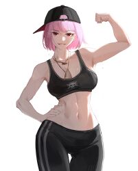 1girl absurdres alternate_costume arm_up bare_shoulders baseball_cap black_hat black_pants black_sports_bra breasts collarbone commentary edwin62293123 grin hand_on_own_hip hashtag-only_commentary hat highres hololive hololive_english jewelry large_breasts looking_at_viewer medium_hair midriff mori_calliope navel necklace pants pink_eyes pink_hair simple_background skull_print smile solo sports_bra stomach sweat thighs virtual_youtuber white_background