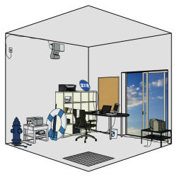 akg barefoot black_hair chair cloud computer diving_mask fire_hydrant flippers game_console goggles headphones innertube computer_keyboard laptop no_humans oil-paper_umbrella original playstation_2 printer projector raglan_sleeves short_hair sky swim_ring television trash_can uewtsol umbrella