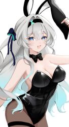Rule 34 | 1girl, animal ears, bare shoulders, black bow, black bowtie, black hairband, black leotard, blue ribbon, blush, bow, bowtie, breasts, brown pantyhose, cleavage, collarbone, firefly (honkai: star rail), gradient hair, green pupils, grey hair, hair between eyes, hair intakes, hair ribbon, hairband, highres, honkai: star rail, honkai (series), large breasts, leotard, long hair, memi 58, multicolored eyes, multicolored hair, open mouth, pantyhose, playboy bunny, rabbit ears, ribbon, simple background, smile, solo, thigh strap, twitter username, white background