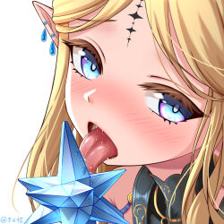 Rule 34 | 1girl, black collar, blonde hair, blue eyes, blush, cartethyia (wuthering waves), collar, commentary request, earrings, jewelry, licking, long hair, looking at viewer, mdzzrbq233, multiple earrings, open mouth, parted bangs, pointy ears, portrait, saliva, sexually suggestive, simple background, solo, tacet mark (wuthering waves), tongue, tongue out, white background, wuthering waves