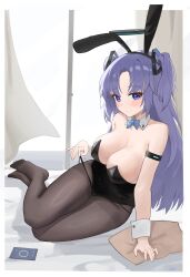 Rule 34 | 1girl, absurdres, alternate costume, aqua bow, aqua bowtie, bare shoulders, black leotard, black panties, black pantyhose, blue archive, blush, bow, bowtie, breasts, cellphone, cleavage, detached collar, feet, halo, happy05x, highres, indoors, large breasts, legs, leotard, looking at viewer, no shoes, panties, panty tug, pantyhose, phone, playboy bunny, purple eyes, purple hair, revision, sitting, smile, solo, strapless, strapless leotard, toes, two side up, underwear, wrist cuffs, yokozuwari, yuuka (blue archive)