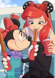 2girls animal_ears ariel_(disney) bow company_connection disney gloves green_eyes hair_bow highres mickey_mouse_&amp;_friends minnie_mouse mouse_ears mouse_girl multiple_girls open_mouth red_bow red_eyes red_hair shirt smile tail takatmaorange the_little_mermaid_(disney)