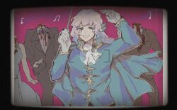 Rule 34 | 1boy, 3others, argalia (project moon), ascot, black border, black pants, black suit, blood, blue cape, blue eyes, blue jacket, border, cape, conductor baton, decapitation, divewet3, formal clothes, gloves, gold trim, highres, jacket, library of ruina, long hair, long sleeves, looking at viewer, male focus, multiple others, pants, pink background, project moon, simple background, smile, solo focus, standing, suit, upper body, white ascot, white gloves, white hair