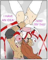 1boy 1girl bare_shoulders battle blush breasts brown_hair cleavage clothing_aside crotch dead_or_alive ghost13 highres japanese_clothes kasumi_(doa) large_breasts long_hair mask mixed_wrestling muscular ninja pain panties panties_aside ryona smile smirk sweat tecmo thick_thighs thighhighs thighs underwear upside-down violence white_panties white_thighhighs wrestler wrestling wrestling_outfit