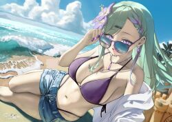 Rule 34 | 1girl, :d, beach, bikini, braid, breasts, collarbone, commentary request, commission, copyright request, denim, denim shorts, flower, green hair, hair flower, hair ornament, jewelry, large breasts, long eyelashes, looking at viewer, lying, miroku mosman, mole, mole on breast, multicolored hair, narrowed eyes, navel, necklace, on side, open mouth, palm tree, purple bikini, purple eyes, reflection, sand castle, sand sculpture, short shorts, shorts, sidelocks, skeb commission, smile, solo, streaked hair, sunglasses, swimsuit, tree, water, waves, yakumo beni